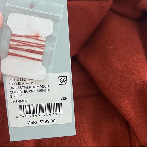 Long Sleeve Split V-Neck Drawstring Waist 100% Cashmere Jumpsuit · - Picture 4 of 5